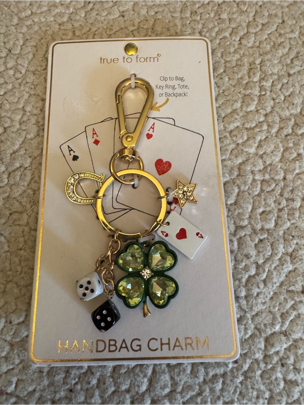 True to Form Gold Handbag Charm with Green Crystal Four-Leaf Clover